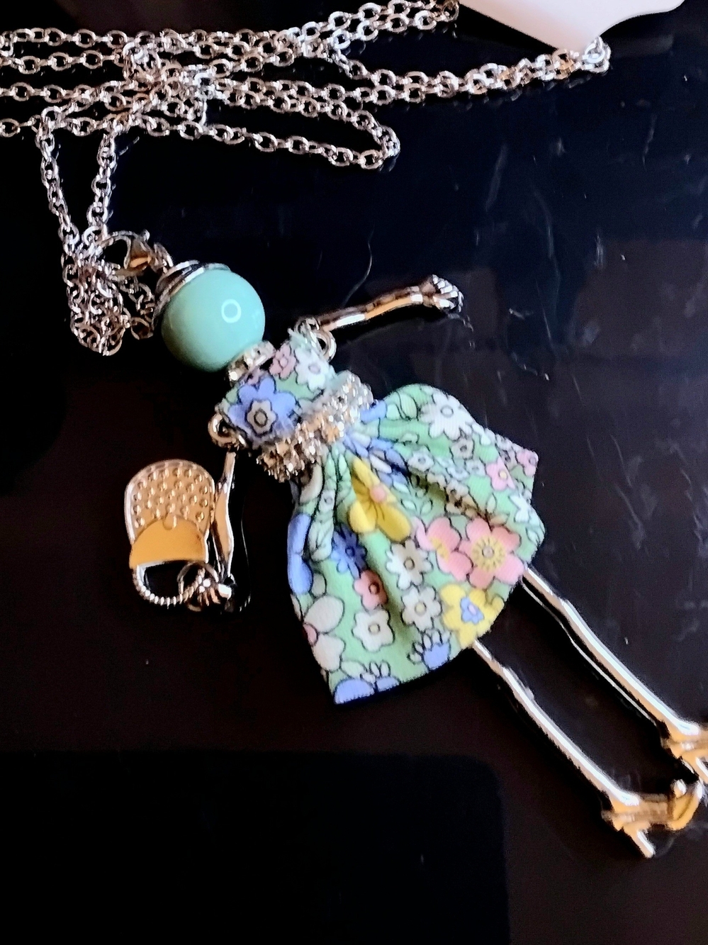 Silver Doll Pendant Necklace or Purse Charm with Pastel Floral Dress